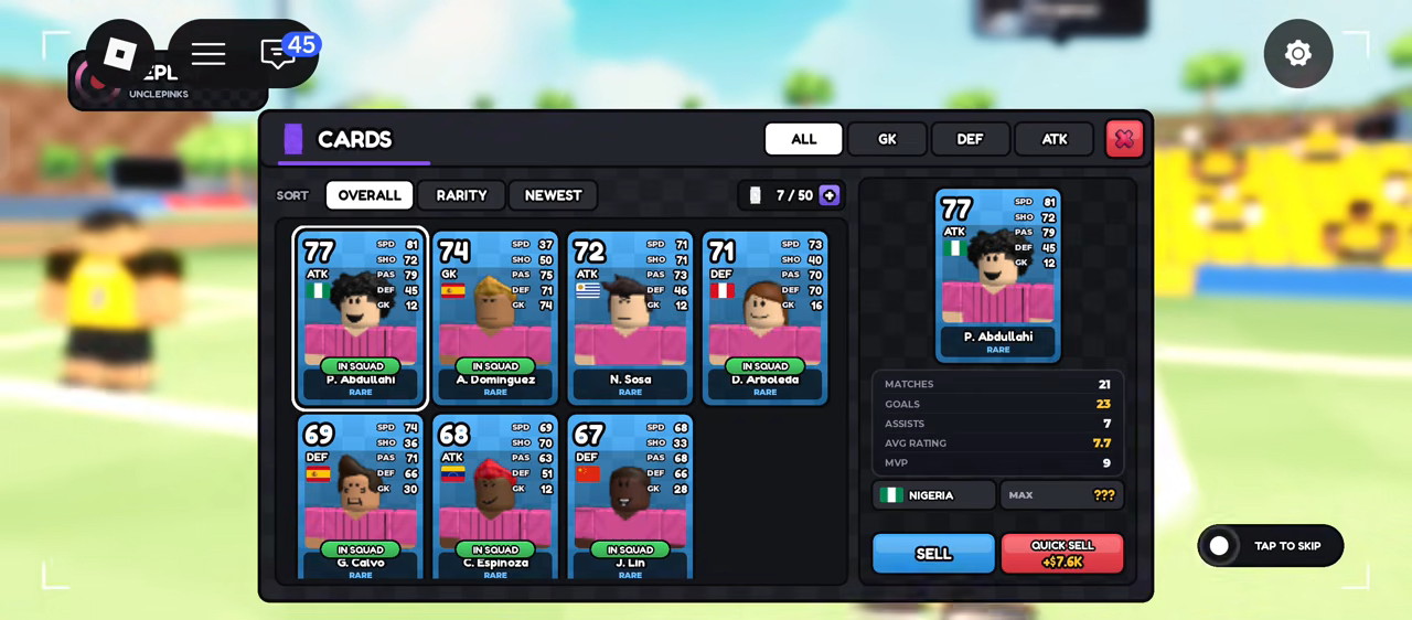 A rare attacker card in the CARDS screen, showing overall 77, the five stats, the IN SQUAD badge and the quick-sell value