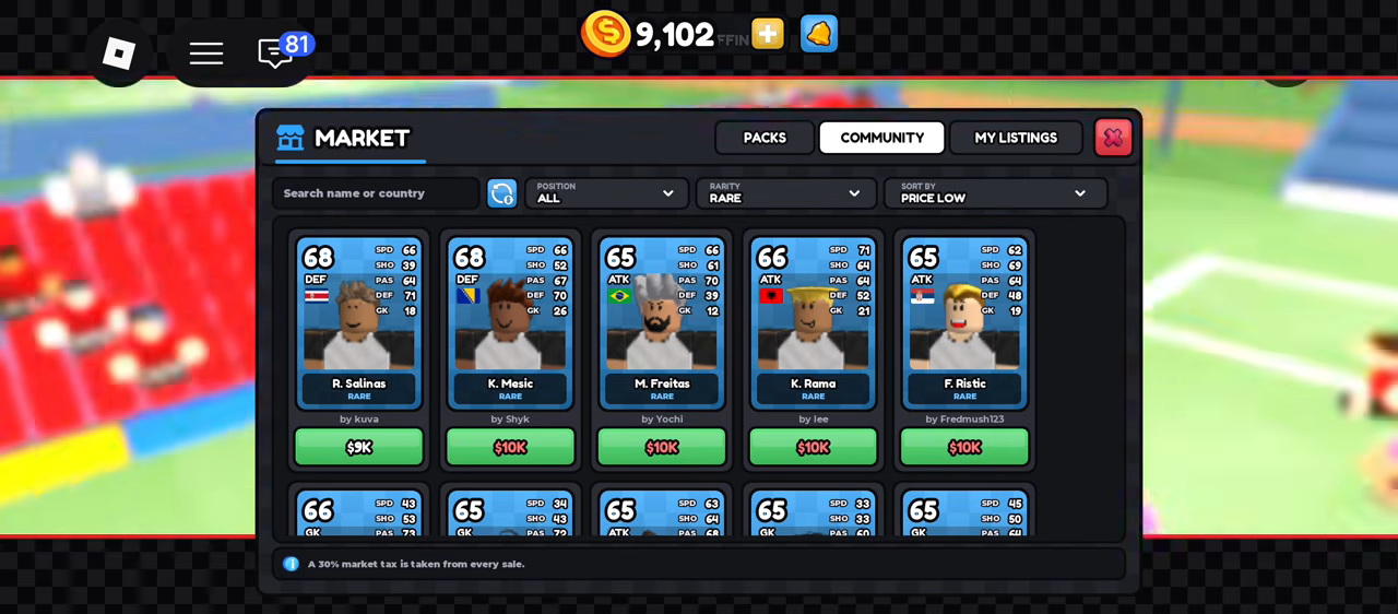 The community tab with position, rarity and price-sort controls and rare listings between $8K and $10K