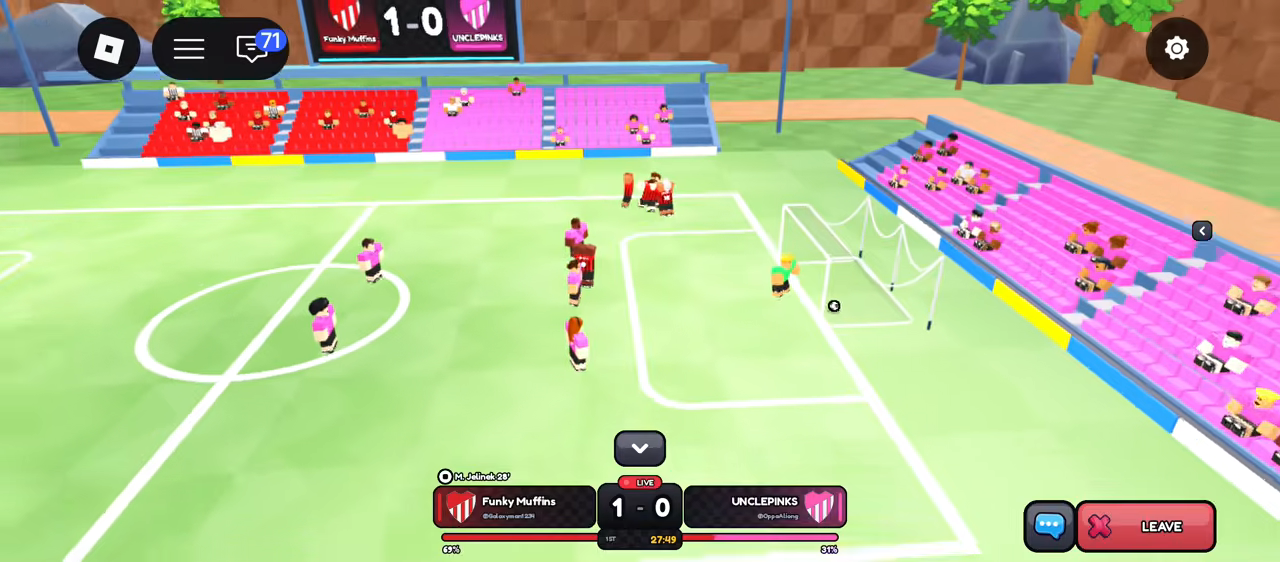 A live match with the scoreboard, the half and clock, possession bars and the LEAVE button